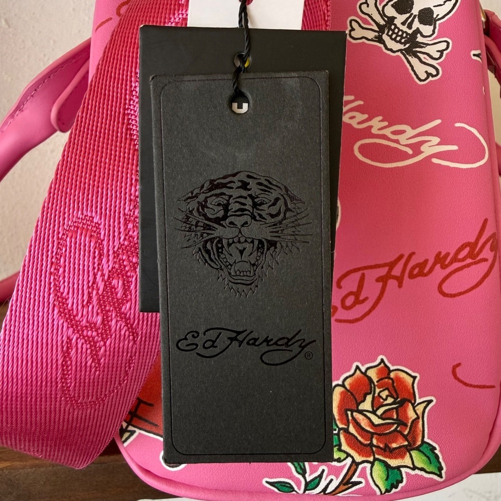 Ed Hardy Pink Skull Heart Thermal Lunch Tote Bag Rhinestone Y2K NWT Insulated - Picture 4 of 16